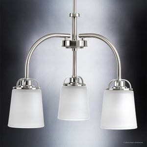 Three unique UHP2763 Transitional Chandeliers with frosted glass shades by Urban Ambiance.