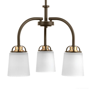The Urban Ambiance UHP2764 Transitional Chandelier from the Boise Collection features a three-light design with an Olde Bronze finish, frosted glass shades, gracefully curved metal arms, and a central hanging rod, shown against a plain white background.