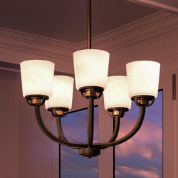 Four luxury lighting fixtures, UHP2766 Transitional Chandeliers from the Boise Collection by Urban Ambiance, featuring an Olde Bronze Finish and frosted glass shades.