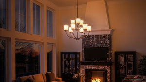 A living room with a beautiful lighting fixture - the Urban Ambiance UHP2767 Transitional Chandelier.