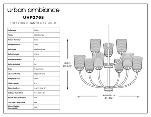 Line drawing of the UHP2768 Transitional Chandelier from the Boise Collection by Urban Ambiance, featuring an Olde Bronze finish and measuring 20-3/8 inches in height and 31-1/4 inches in width; specification table and Urban Ambiance branding on the left.