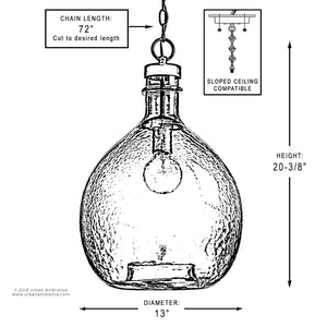 Line drawing of the Urban Ambiance UHP2770 Modern Farmhouse Pendant from the Hobart Collection, featuring a textured glass shade, 72-inch adjustable chain, 20-3/8 inch height, 13-inch width, charcoal finish, and sloped ceiling compatibility.