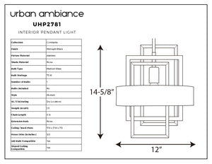 Line drawing diagram of the Urban Ambiance UHP2781 Modern Pendant Light from the Vegas Collection, featuring measurements of 14-5/8 inches high and 12 inches wide. Showcasing a modern silhouette in a midnight black finish, this pendant is designed for dry locations and uses one bulb up to 75W—ideal for contemporary spaces.