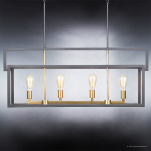 The UHP2801 Modern Farmhouse Chandelier from Urban Ambiance’s Cordoba Collection features a charcoal finish and measures 17-1/4″ by 40-7/8″. This rectangular pendant light is designed with four exposed Edison bulbs and combines vintage-inspired illumination with geometric elegance, making it a striking centerpiece for any modern farmhouse decor.