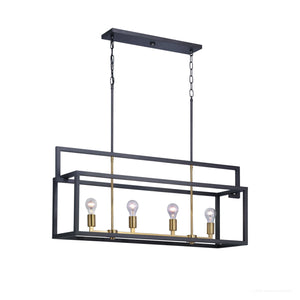Illuminate any space with the UHP2801 Modern Farmhouse Chandelier from Urban Ambiance’s Cordoba Collection, featuring a rectangular charcoal-finished frame, vintage-inspired design with four exposed bulbs, gold accents, and dual chain suspension from a rectangular ceiling mount—ideal for adding modern farmhouse charm to your décor.