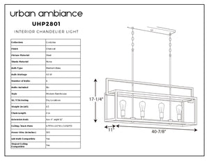 Line drawing of the Urban Ambiance UHP2801 Modern Farmhouse Chandelier from the Cordoba Collection, featuring a rectangular frame in a charcoal finish with four bulbs, measuring 40-7/8” x 17-1/4”, with product specifications listed on the left.