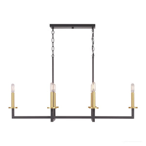 The Urban Ambiance UHP2803 Modern Farmhouse Chandelier from the Cordoba Collection features a rectangular charcoal-finished frame with four exposed bulbs and elegant gold-toned candle holders in a striking two-tone design, suspended by dual chains from a matching rectangular ceiling mount.