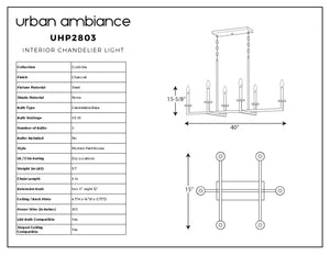Line drawing and specifications for the Urban Ambiance UHP2803 Modern Farmhouse Chandelier from the Cordoba Collection, showing dimensions (15-5/8″ x 40″), materials, bulb type, charcoal finish, and overall measurements.