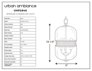 A diagram showing the dimensions of the luxury Urban Ambiance UHP2840 Vintage Chandelier.