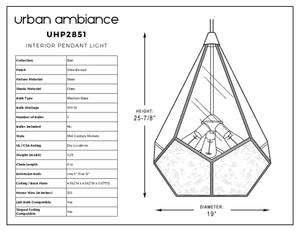 Line drawing of the UHP2851 Mid-Century Modern Chandelier from the Bari Collection by Urban Ambiance, featuring labeled dimensions (25-7/8″ x 19″) and a specification table highlighting its Olde Bronze finish, wattage, and stylish mid-century modern design—ideal for those seeking a contemporary statement lighting piece.