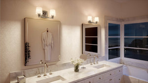 A luxury Urban Ambiance bathroom with two UHP2870 Industrial Chic Bathroom Vanity Lights, 7-1/4