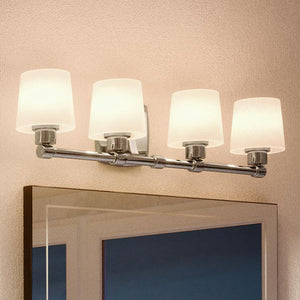 An Urban Ambiance UHP2874 Gorgeous Industrial Chic Bathroom Vanity Light, 7-1/4" x 30-3/8", Chrome Finish, Northampton Collection above a mirror.