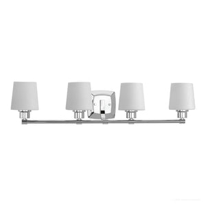 Four UHP2874 Industrial Chic Bathroom Vanity Lights with white shades that add a touch of luxury to your bathroom.