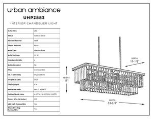 Specs sheet for the Urban Ambiance UHP2883 Cosmopolitan Chandelier from the Lille Collection, featuring dimensions (11″ x 33-7/8″), product features, and a line drawing of this rectangular chandelier crafted with prismatic glass and dual rods in an Antique Silver finish.