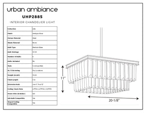 Diagram of the Urban Ambiance UHP2885 Cosmopolitan Chandelier from the Lille Collection, illustrating dimensions (11″ x 20-1/8″), specifications, and a line drawing of the fixture’s rectangular layered design. This statement piece elegantly combines prismatic clear glass chandelier elements with a sophisticated antique silver finish.