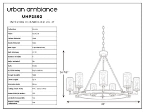 Black and white diagram of the UHP2892 XL Rustic Chandelier by Urban Ambiance, Livorno Collection; charcoal finish, 24-7/8
