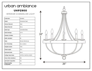 Black and white diagram of the Urban Ambiance UHP2900 Farmhouse Chandelier from the Adelaide Collection, measuring 30 inches tall by 26 inches wide, featuring a galvanized steel finish and five bulbs, shown next to a specification table outlining materials, wattage, and farmhouse style.