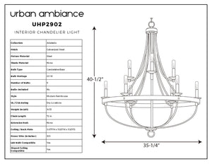 Line drawing of the Urban Ambiance UHP2902 XL Farmhouse Chandelier from the Adelaide Collection, featuring an open cage design and galvanized steel finish with dimensions 40-1/2″ x 35″; includes a chart listing details such as model (UHP2902), finish, material, bulb type, wattage, size, and mounting information.