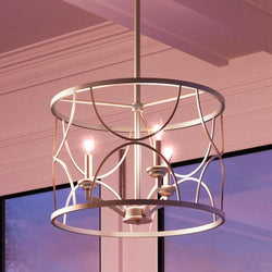 A unique UHP2911 French Country Chandelier, 12" x 18-1/8", Antique Silver Finish, Breda Collection by Urban Ambiance is hanging over a window in