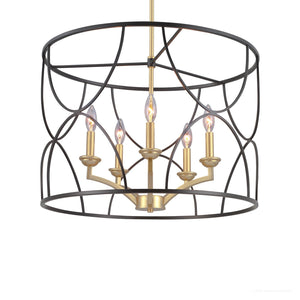 The UHP2912 French Rustic Chandelier from the Breda Collection by Urban Ambiance features a gold, five-light candle-style design enclosed within a large, round black metal cage frame in a striking midnight black finish. Measuring 16″ x 23″, this French-inspired statement piece blends classic elegance with modern style, making it an impressive lighting fixture for any space.