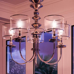 An UHP2921 Cosmopolitan Chandelier from the Urban Ambiance's Charnwood Collection, measuring 25-1/8" x 28" and featuring a Polished