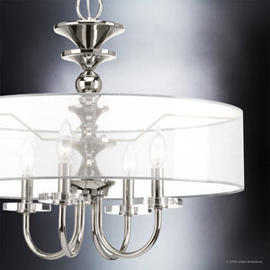 The Urban Ambiance UHP2922 Cosmopolitan Chandelier from the Charnwood Collection features a polished nickel finish, four candle-style bulbs, clear glass accents, and a white organza drum shade, shown here against a neutral background.