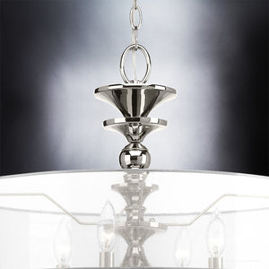 Close-up of the Urban Ambiance UHP2922 Cosmopolitan Chandelier from the Charnwood Collection, featuring a polished nickel finish and an organza drum shade that reveals candle-style light bulbs inside.