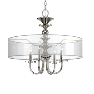 The Urban Ambiance UHP2922 Cosmopolitan Chandelier from the Charnwood Collection features a polished nickel finish and measures 20″ x 22″. This six-light vintage-inspired fixture combines clear cylindrical glass accents with a round organza drum shade, all elegantly suspended by a chain.