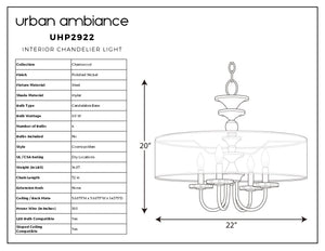 Line drawing of the Urban Ambiance UHP2922 Cosmopolitan Chandelier from the Charnwood Collection, featuring a polished nickel finish and an organza drum shade; dimensions are 20 inches high by 22 inches in diameter. A chart lists specifications such as materials, wattage, indoor UL/CSA rating, and other product details.