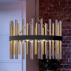 A beautiful lighting fixture, UHP2950 Modern Chandelier, hanging from a brick wall.
