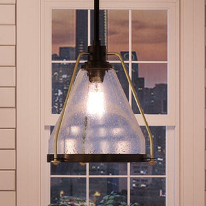 A luxury pendant light from the Rochdale Collection, with a glass shade in front of a window.