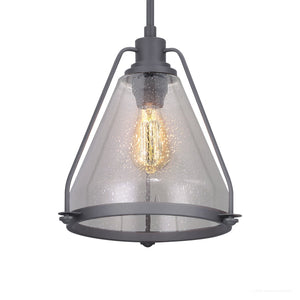 The Urban Ambiance UHP2993 Industrial Pendant Light from the Rochdale Collection showcases a geometric design with a clear glass shade, a visible bulb, and a dark charcoal-finished metal frame. Measuring 13″ x 13″, this pendant is suspended from a cord against a white backdrop for an industrial-chic statement.