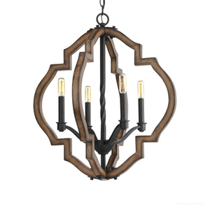The UHP3030 Rustic Chandelier from the Wycombe Collection by Urban Ambiance features a geometric wooden frame and four exposed bulbs on black metal arms. Measuring 24-1/2″ x 22″ with an Olde Iron finish, this quatrefoil pendant chandelier is the perfect rustic light fixture to add farmhouse charm to any space.