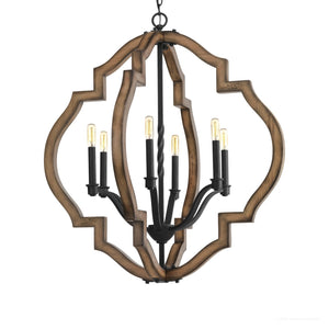 A gorgeous lighting fixture, the UHP3031 Rustic Chandelier from the Wycombe Collection by Urban Ambiance is a stunning lamp made of wood and metal with an Olde Iron finish