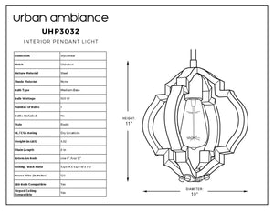 Line drawing of the Urban Ambiance UHP3032 Rustic Pendant Light from the Wycombe Collection, featuring labeled specifications such as 11″ x 10″ dimensions, Olde Iron finish, material details, bulb type, wattage, and additional product information. The illustration emphasizes a refined quatrefoil design for added elegance.