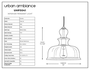 Black and white diagram of the Urban Ambiance UHP3041 Modern Farmhouse Pendant Light from the Dundee Collection, featuring detailed specifications such as dimensions (11-1/4″ high by 12″ wide), charcoal finish, style, wattage, bulb type, and mounting details. This fixture highlights handcrafted artistry for a refined touch.