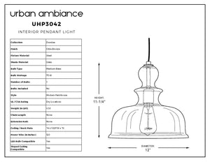 A diagram showing the dimensions of a unique Urban Ambiance UHP3042 Modern Farmhouse Pendant Light.