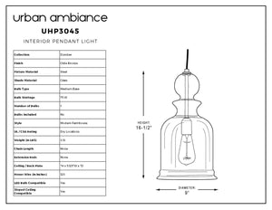 Technical specification sheet for the Urban Ambiance UHP3045 Modern Farmhouse Pendant Light from the Dundee Collection, showcasing product illustration, dimensions (16-1/2″ x 9″), materials, and key features—including vintage-modern farmhouse style elements and an elegant Olde Bronze finish—presented in a clear table format. This handcrafted glass pendant by Urban Ambiance delivers a distinctive blend of style and functionality.