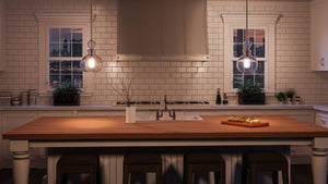 A 3d rendering of a kitchen with a UHP3046 Modern Farmhouse Farmhouse Pendant Light, 12-3/4