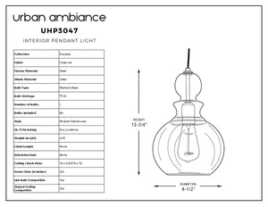 Line drawing of the Urban Ambiance UHP3047 Modern Farmhouse Pendant Light from the Dundee Collection, featuring labeled product specifications such as a charcoal finish, 12-3/4″ height, 8-1/2″ diameter, medium base handcrafted glass, material details, wattage information, and farmhouse style. This piece seamlessly fuses vintage modern lighting elements with practical pendant light design.