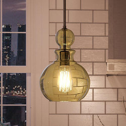 A unique UHP3048 Modern Farmhouse pendant light, with an Olde Bronze Finish, from the Dundee Collection by Urban Ambiance, in a kitchen with a view of the city.