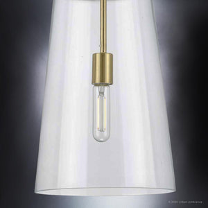 A stunning lighting fixture, the Urban Ambiance Colonial Pendant Light from the Tustin Collection boasts a gorgeous satin gold finish and features a clear glass shade.