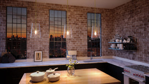 A beautiful 3D rendering of a kitchen with the Urban Ambiance UHP3071 Colonial Pendant Light, 15.875