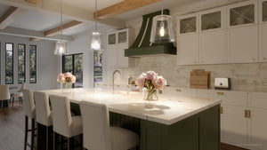 A luxury kitchen with white cabinets and green counter tops, featuring the UHP3080 Colonial Pendant Light, a stunning lighting fixture from Urban Ambiance's Tustin Collection.