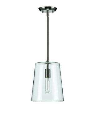 A unique UHP3080 Colonial Pendant Light with a brushed nickel finish and clear glass shade.
