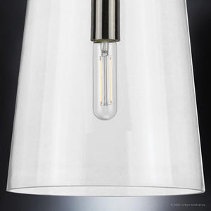 A unique colonial pendant lighting fixture in brushed nickel finish from the Tustin Collection, featuring a white bulb.