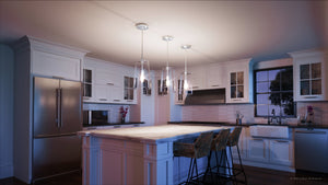 A gorgeous 3D rendering of a unique UHP3081 Colonial Pendant Light lighting fixture from Urban Ambiance in brushed nickel finish, showcased in a kitchen at night.