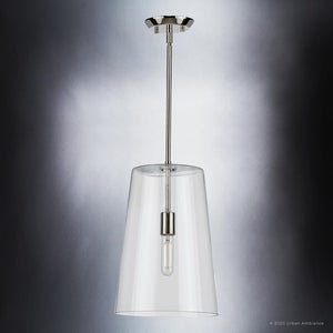 A unique Colonial Pendant Lighting fixture from the Tustin Collection by Urban Ambiance, with a clear glass shade.