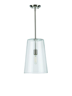 A beautiful lighting fixture, the Urban Ambiance UHP3091 Colonial Pendant Light, enhances luxury with a polished nickel finish and clear glass shade.