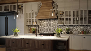 A 3d rendering of a kitchen with Urban Ambiance's UHP3100 Colonial Pendant Light, 15.875